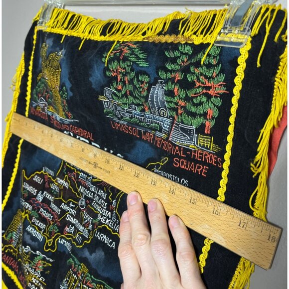 Cyprus Tapestry Pillow Cover 17" Velvet Fringe Black Travel Souvenir Wall Decor - Picture 6 of 8